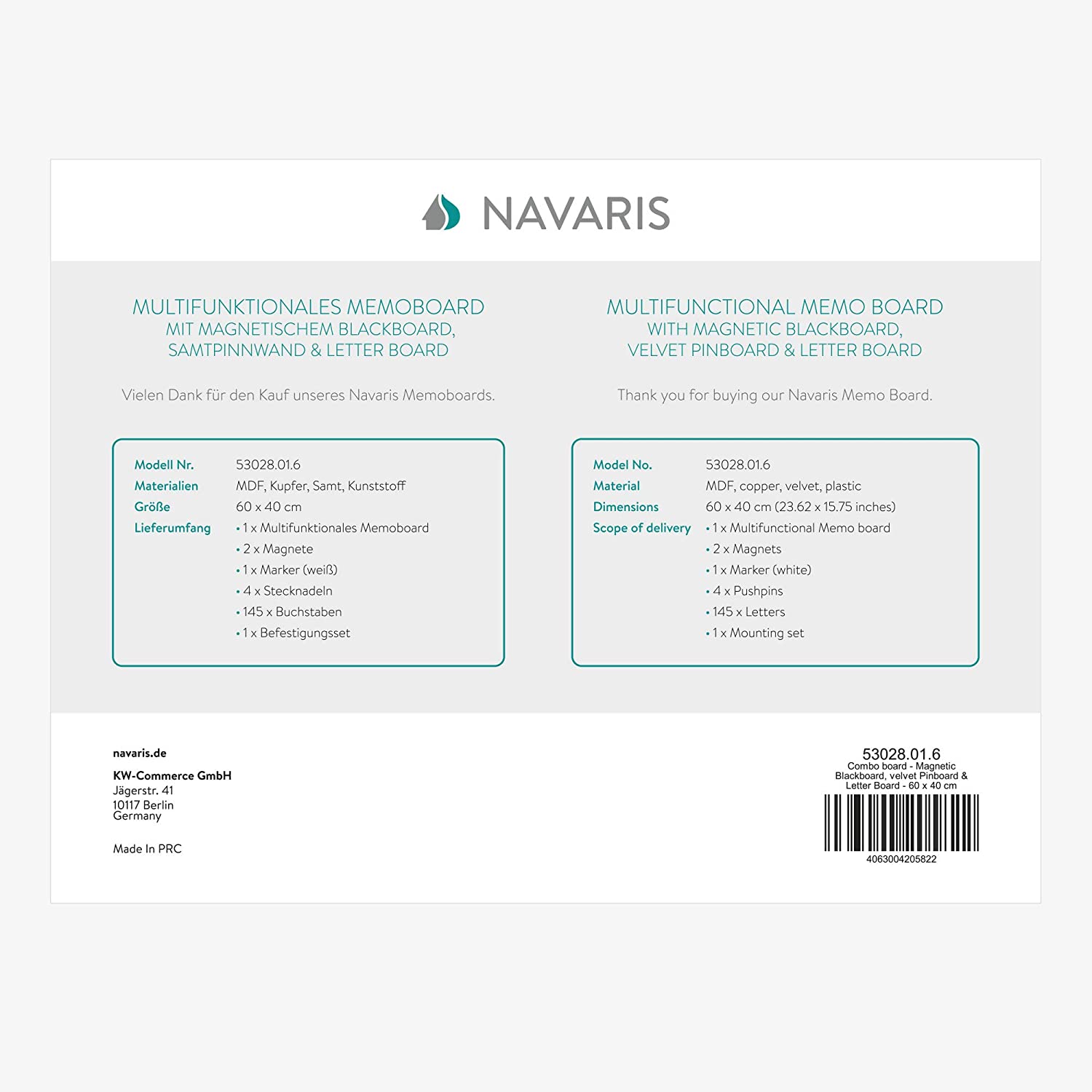 Navaris Combination Whiteboard - Πίνακας Ανακοινώσεων - 60 x 40cm - Black - 53028.01.6