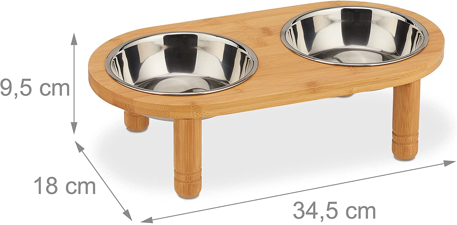 Relaxdays Ξύλινη Βάση από Μπαμπού με 2 Μπολ από Ανοξείδωτο Ατσάλι για Κατοικίδια - 300 ml - Natural / Silver - 4052025288556