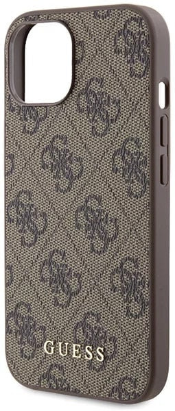 Guess iPhone 15 - 4G Metal Gold Logo Σκληρή Θήκη με Επένδυση Συνθετικού Δέρματος - Brown - GUHCP15SG4GFBR