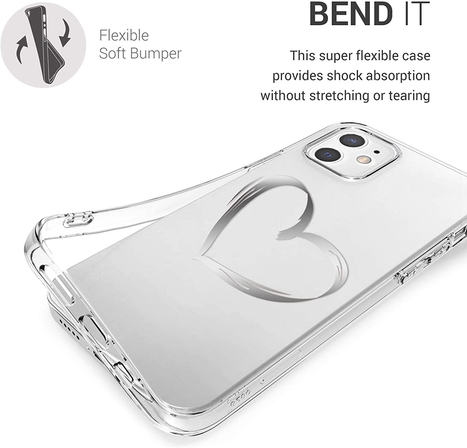 KW iPhone 12 / iPhone 12 Pro Θήκη Σιλικόνης TPU Design Brushed Heart - Διάφανη / Silver - 53035.09