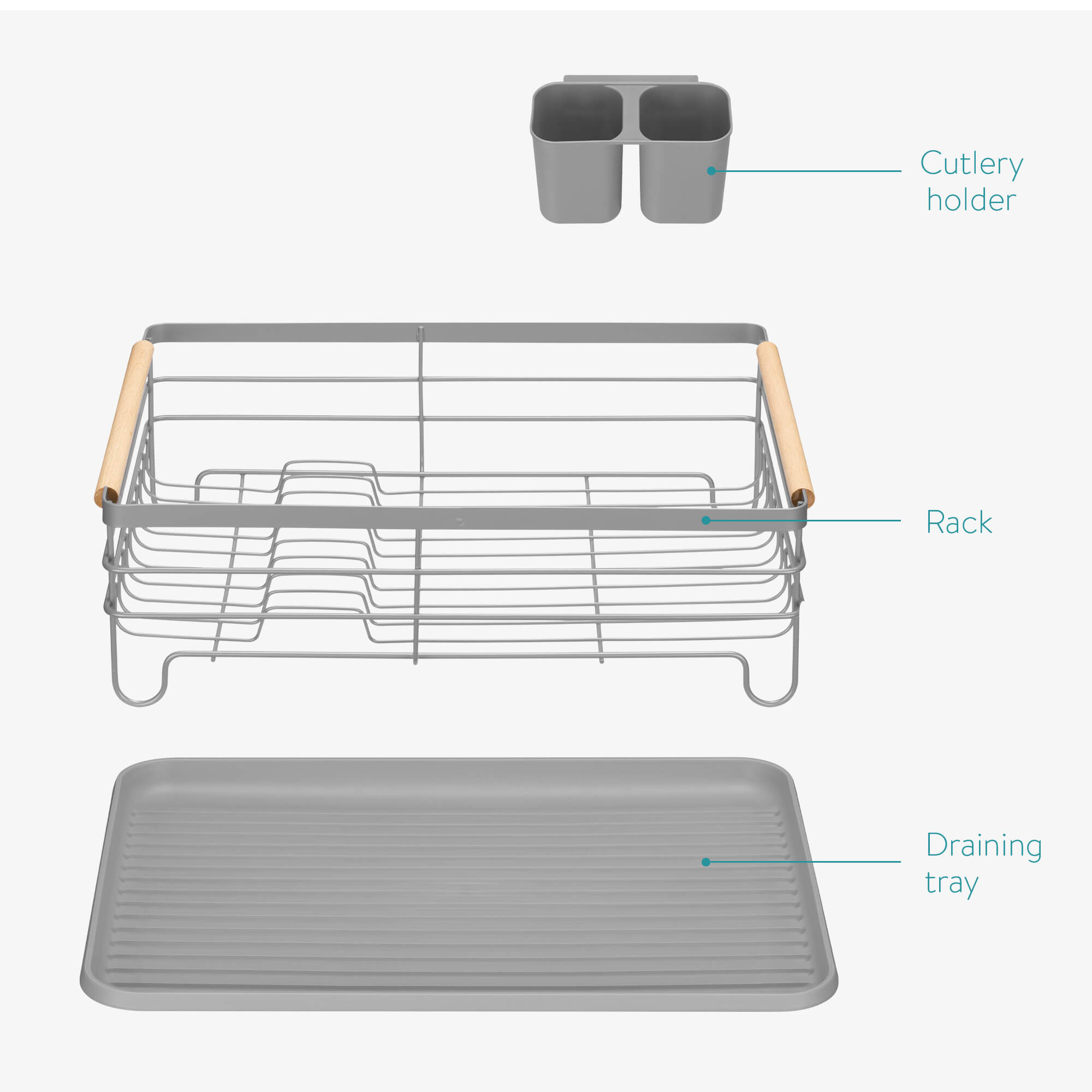 Navaris Σιδερένιο Στεγνωτήριο Πιάτων - Μαχαιροπίρουνων με Ξύλινες Λαβές και Πλαστικό Δίσκο - Grey - 52545.03