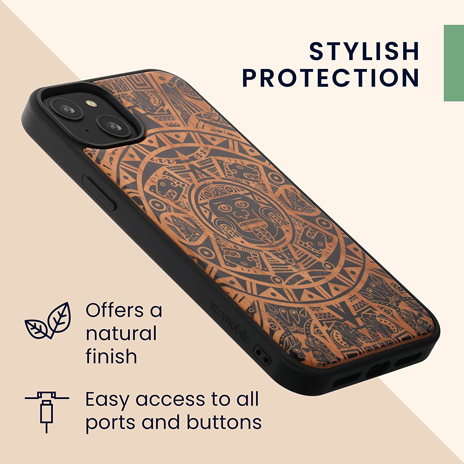 KW iPhone 14 Plus Θήκη από Φυσικό Ξύλο Design Mayan Calendar - Brown / Black - 59125.02