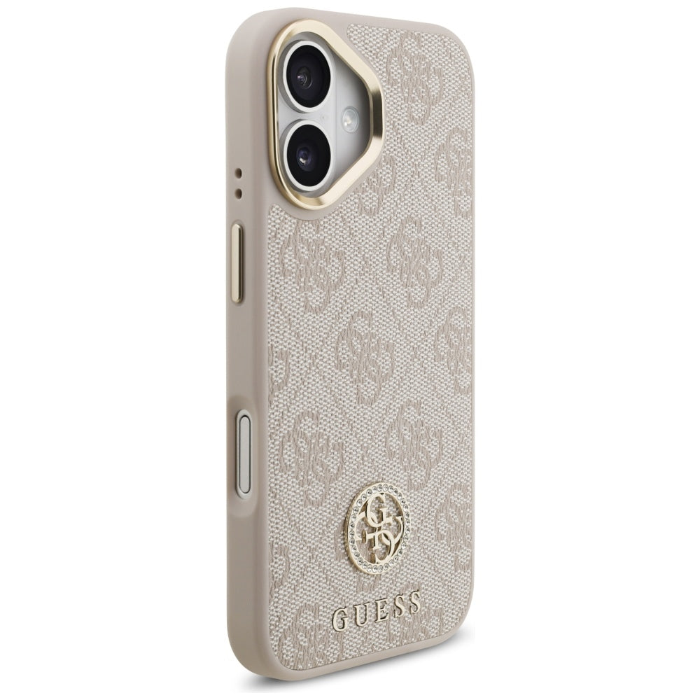Guess iPhone 17 - 4G Strass Logo and Big Strap Metal Buttons MagSafe - Θήκη με Επένδυση Συνθετικού Δέρματος και Λουράκι - Pink - GUHMP17SP4G4DCSP