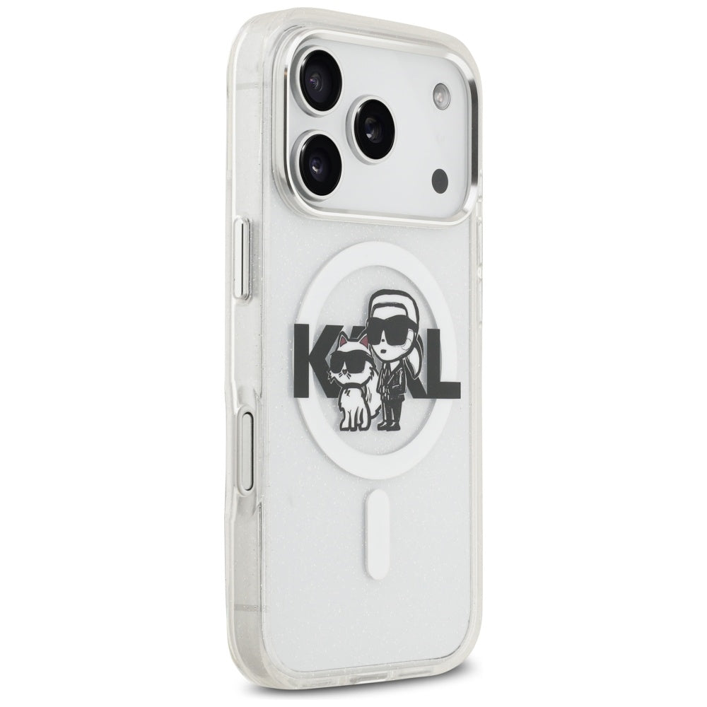 Karl Lagerfeld iPhone 17 Pro - IML Glitter Karl and Choupette Sketch Logo MagSafe - Σκληρή Θήκη με Πλαίσιο Σιλικόνης - Clear - KLHMP17LHGKCGKBT