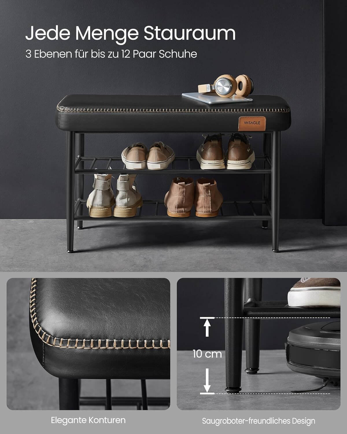 Vasagle EKHO Πάγκος / Σκαμπό με Κάθισμα από Συνθετικό δέρμα και 2 Ράφια - 30 x 80 x 50 cm - Ink Black - LSB054B01