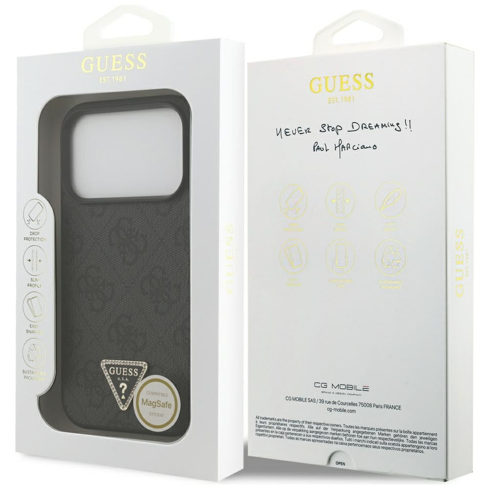 Guess iPhone 17 Pro - 4G Triangle Strass MagSafe - Σκληρή Θήκη με Επένδυση Συνθετικού Δέρματος - Black - GUHMP17LP4TDPLK
