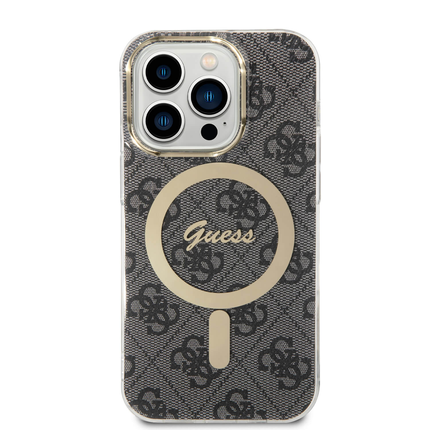 Guess iPhone 14 Pro - Bundle Pack MagSafe - Σετ Σκληρή Θήκη με Πλαίσιο Σιλικόνης και Ασύρματος Φορτιστής MagSafe - Design 4G and Gold - Black - GUBPP14LH4EACSK