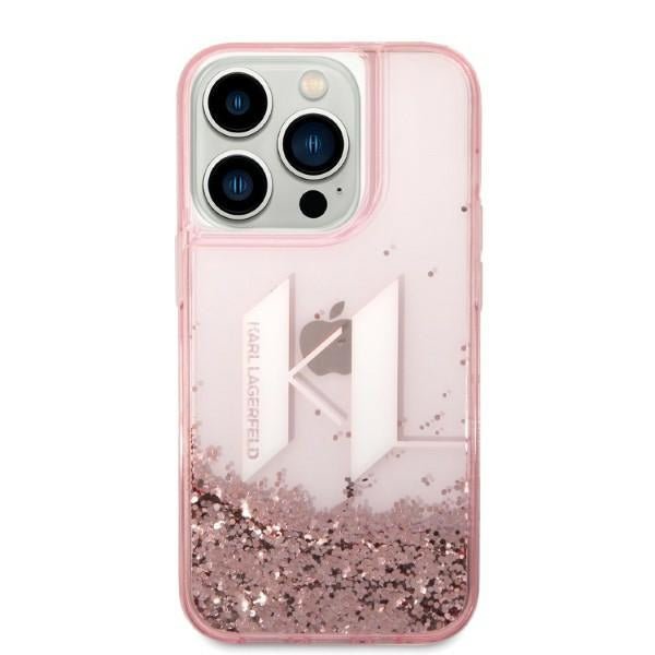 Karl Lagerfeld iPhone 14 Pro Max - Liquid Glitter Big KL Σκληρή Θήκη με Πλαίσιο Σιλικόνης - Διάφανη / Pink - KLHCP14XLBKLCP