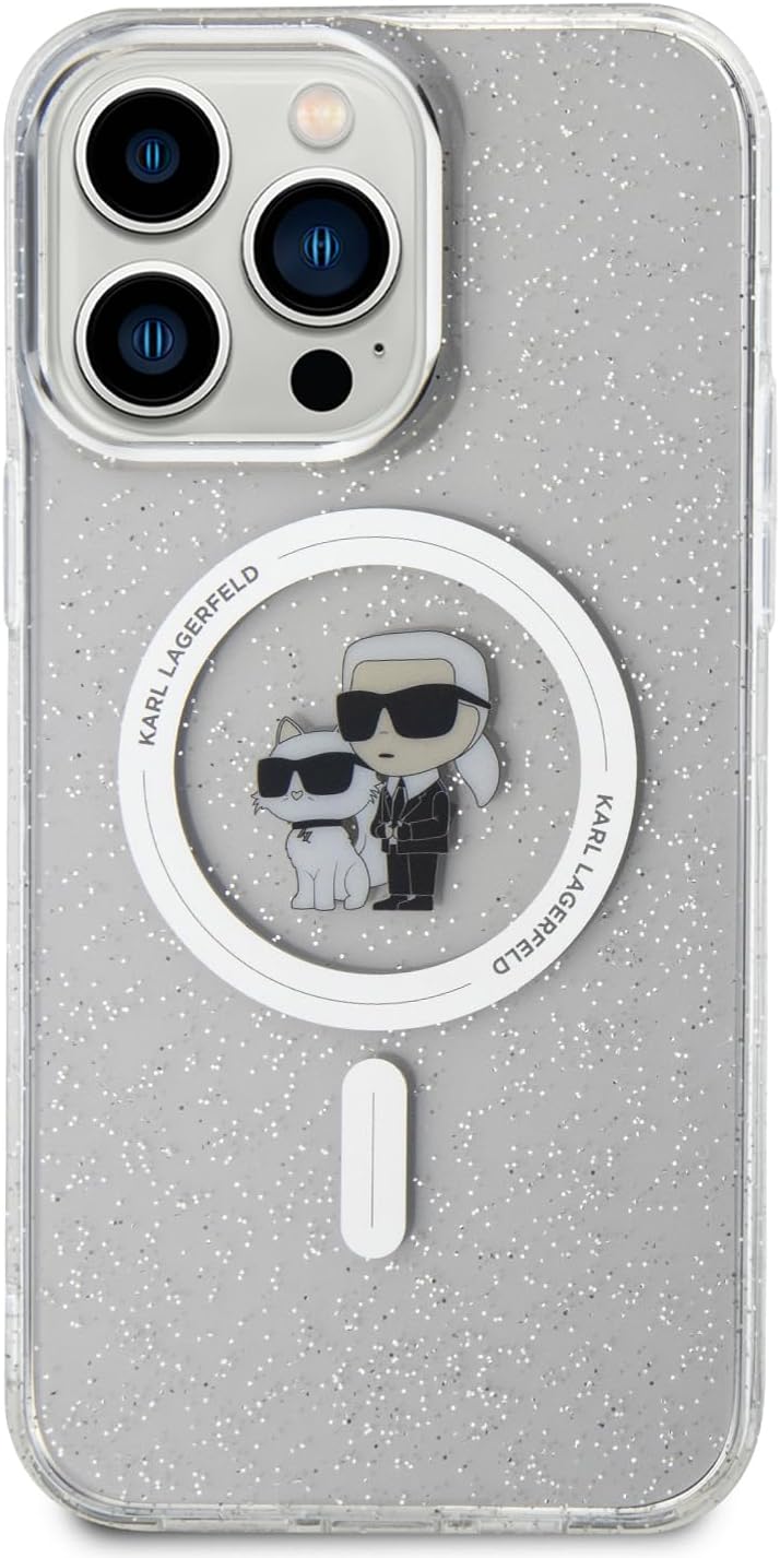 Karl Lagerfeld iPhone 15 Pro Max - Karl and Choupette Glitter Magsafe Σκληρή Θήκη με Πλαίσιο Σιλικόνης και MagSafe - Διάφανη - KLHMP15XHGKCNOT