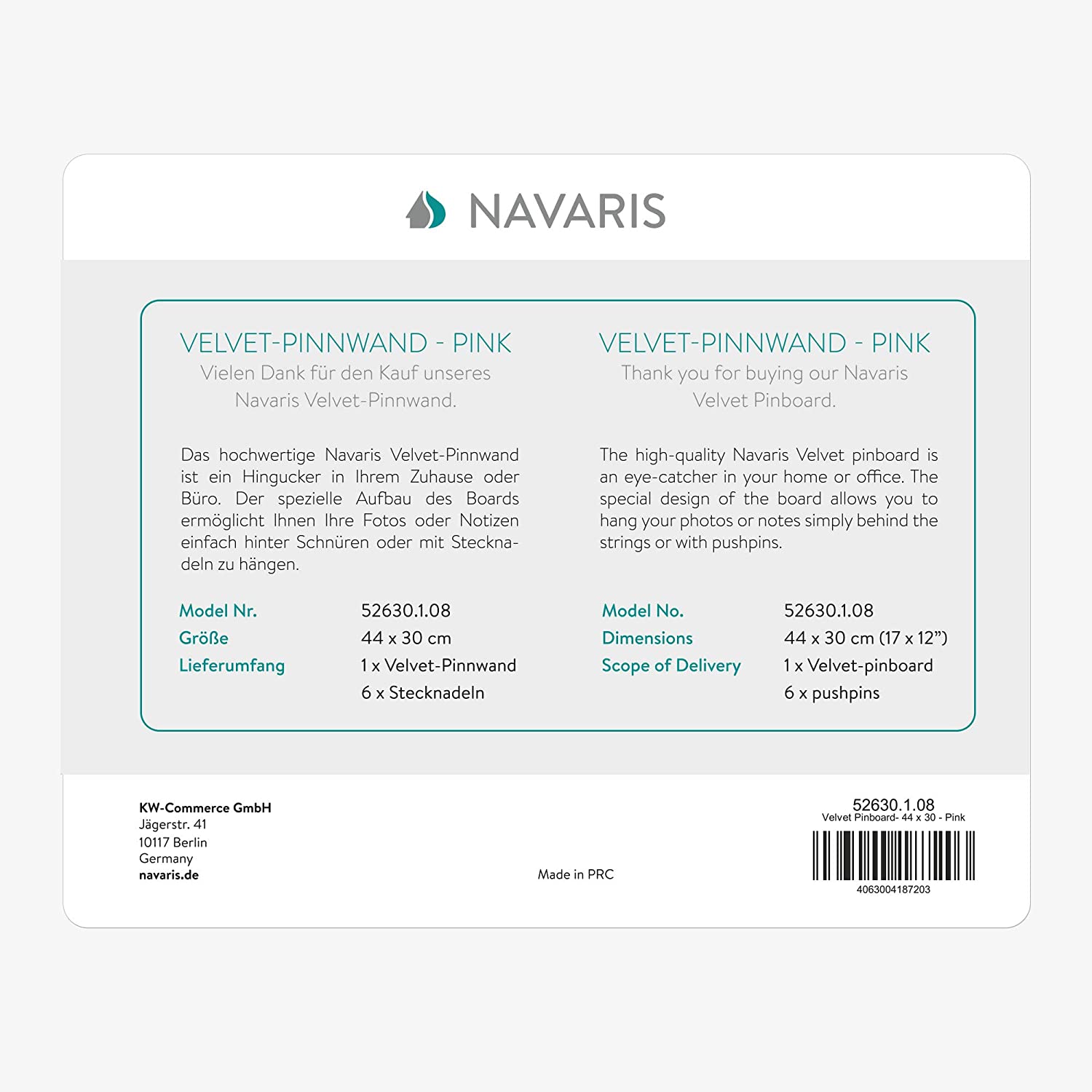 Navaris Πίνακας Ανακοινώσεων από Βελούδο - 44 x 30 cm - Pink - 52630.1.08