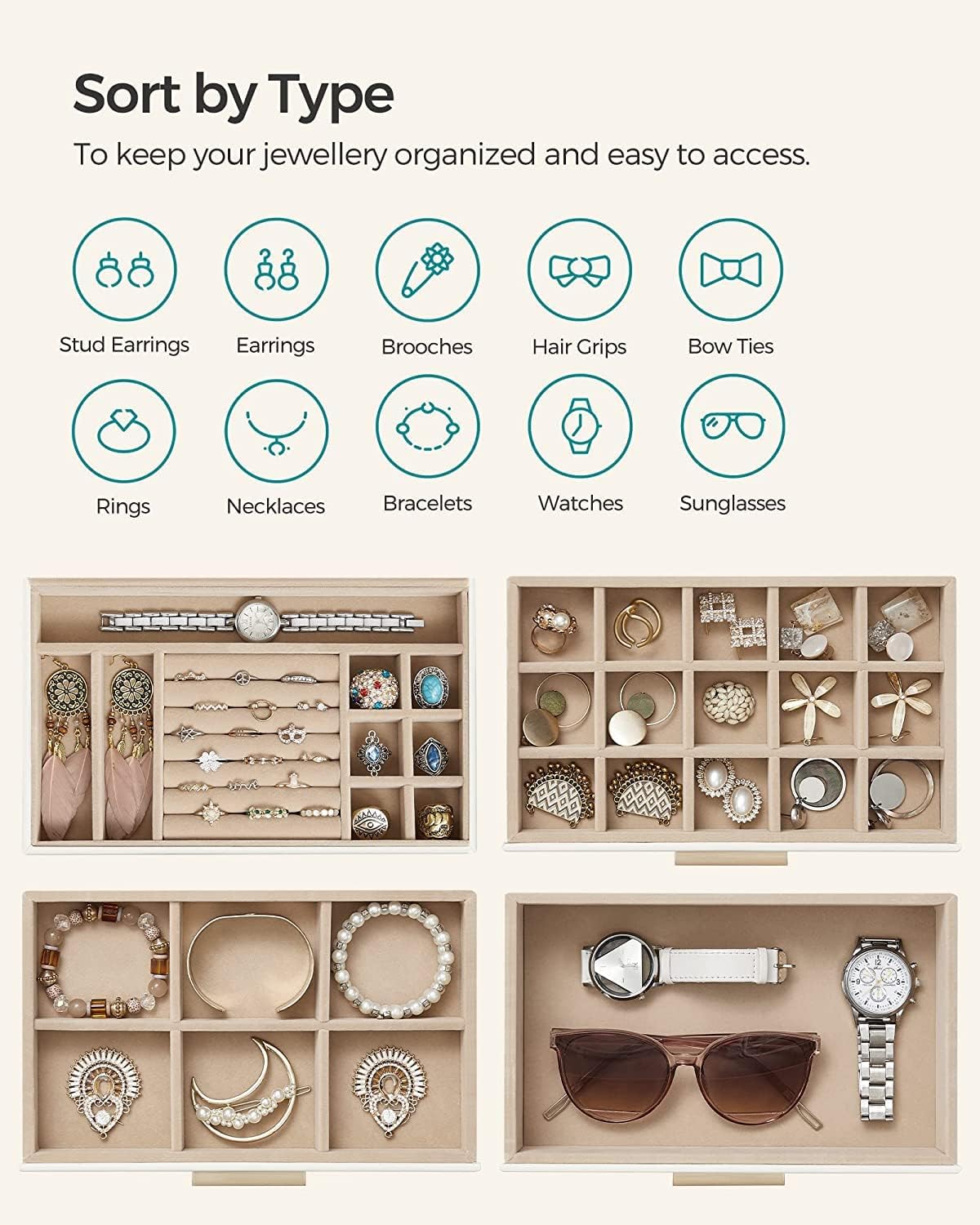 Songmics Φορητό Κουτί Αποθήκευσης Κοσμημάτων με Γυάλινο Καπάκι - Cloud White - JBC161W01