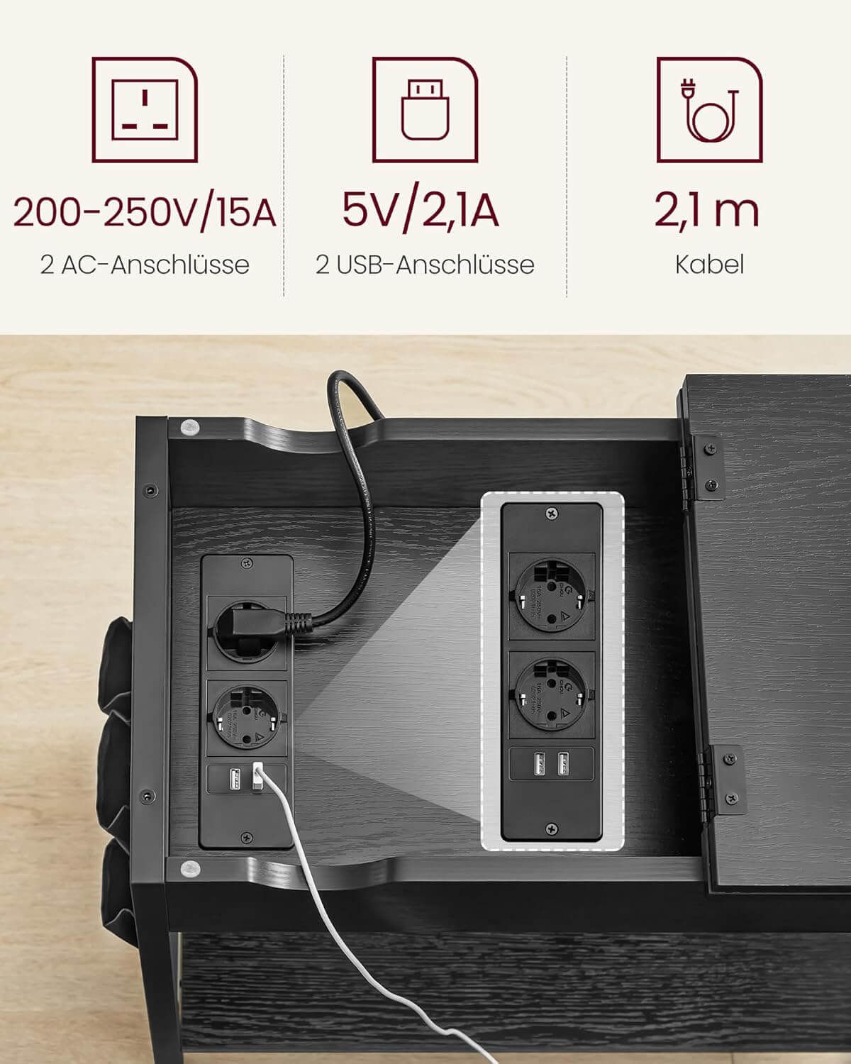 Vasagle Βοηθητικό Τραπεζάκι / Κομοδίνο με Ενσωματωμένο Πολύπριζο με 2 θύρες USB και Υφασμάτινη Τσάντα Οργάνωσης - Black - LET311B56