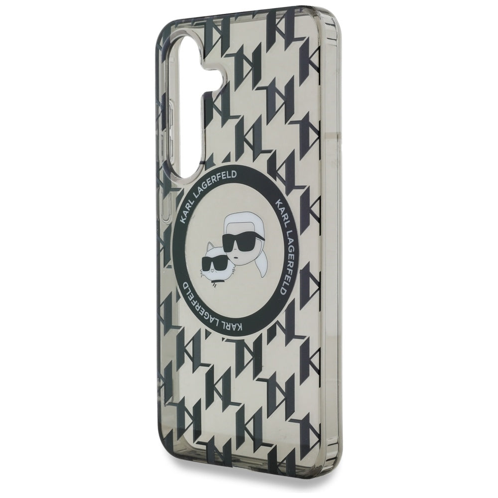 Karl Lagerfeld Samsung Galaxy S25 - Button Karl and Choupette Heads On KL Pattern - MagSafe Σκληρή Θήκη με Πλαίσιο Σιλικόνης - Black - KLHMS25SHMCKMHK