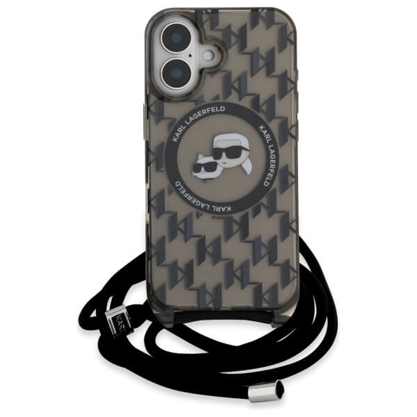 Karl Lagerfeld iPhone 16 - IML Crossbody Monogram Karl and Choupette Head - MagSafe Σκληρή Θήκη με Πλαίσιο Σιλικόνης και Λουράκι - Black - KLHMP16SHCKCKLCK