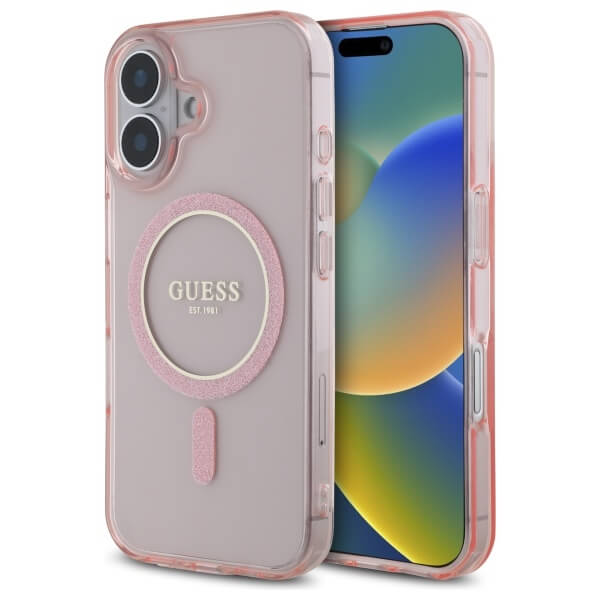 Guess iPhone 16 - IML Glitter Circle MagSafe - Σκληρή Θήκη με Πλαίσιο Σιλικόνης - Pink - GUHMP16SHFGEREP