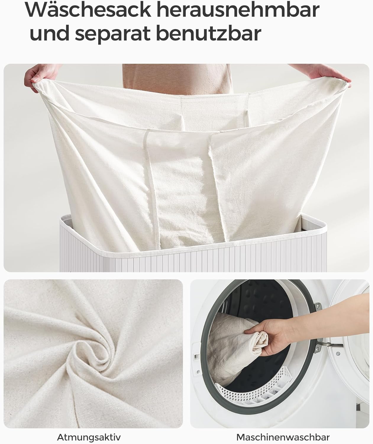 Songmics Καλάθι Απλύτων από Μπαμπού με 3 Διαμερίσματα - 150L - White - LCB091W01