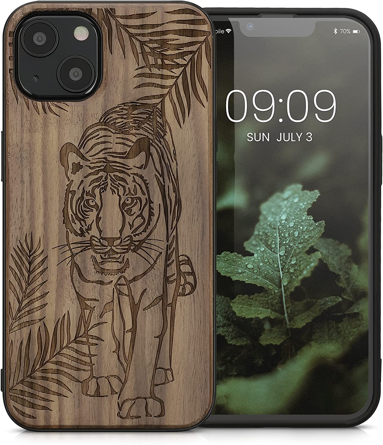 KW iPhone 13 Θήκη από Φυσικό Ξύλο - Design Tiger Palm Trees - Dark Brown - 55953.12