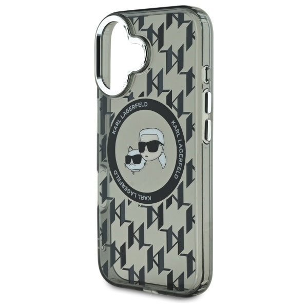 Karl Lagerfeld iPhone 16 - IML Monogram Karl and Choupette Head - MagSafe Σκληρή Θήκη με Πλαίσιο Σιλικόνης - Black - KLHMP16SHMCKMHK