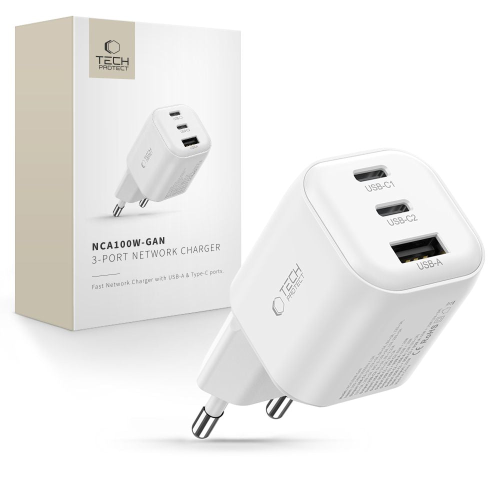 Tech-Protect Οικιακός Φορτιστής PD 3.2 με 1 Θύρα USB και 2 Θύρες Type-C 100W / QC3.0 - NCA100W-GaN - White