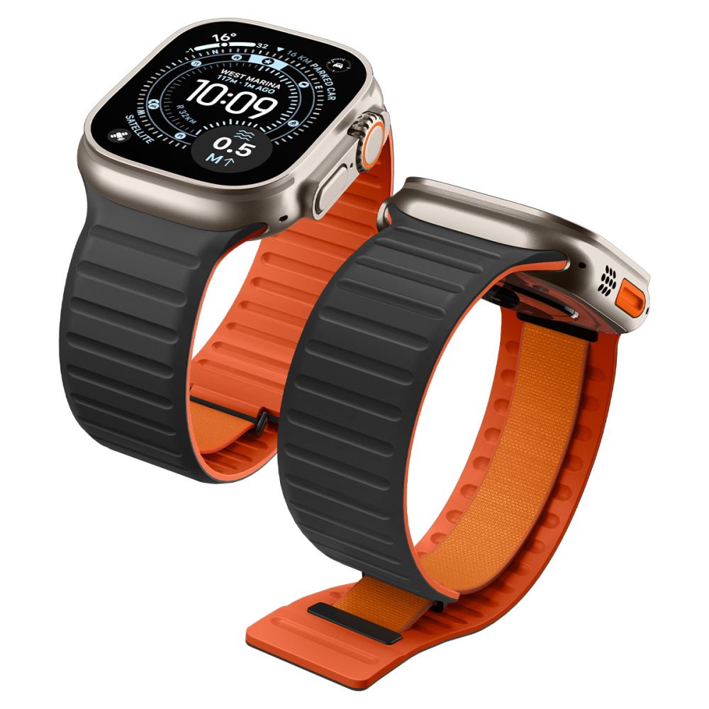 Spigen Λουράκι Apple Watch 8/9/10/11/12 - SE (1/2/3) - Ultra (1/2/3/4) - 44/45/46/49mm Μαγνητικό Σιλικόνης - Athlex Air M - Active Black / Orange