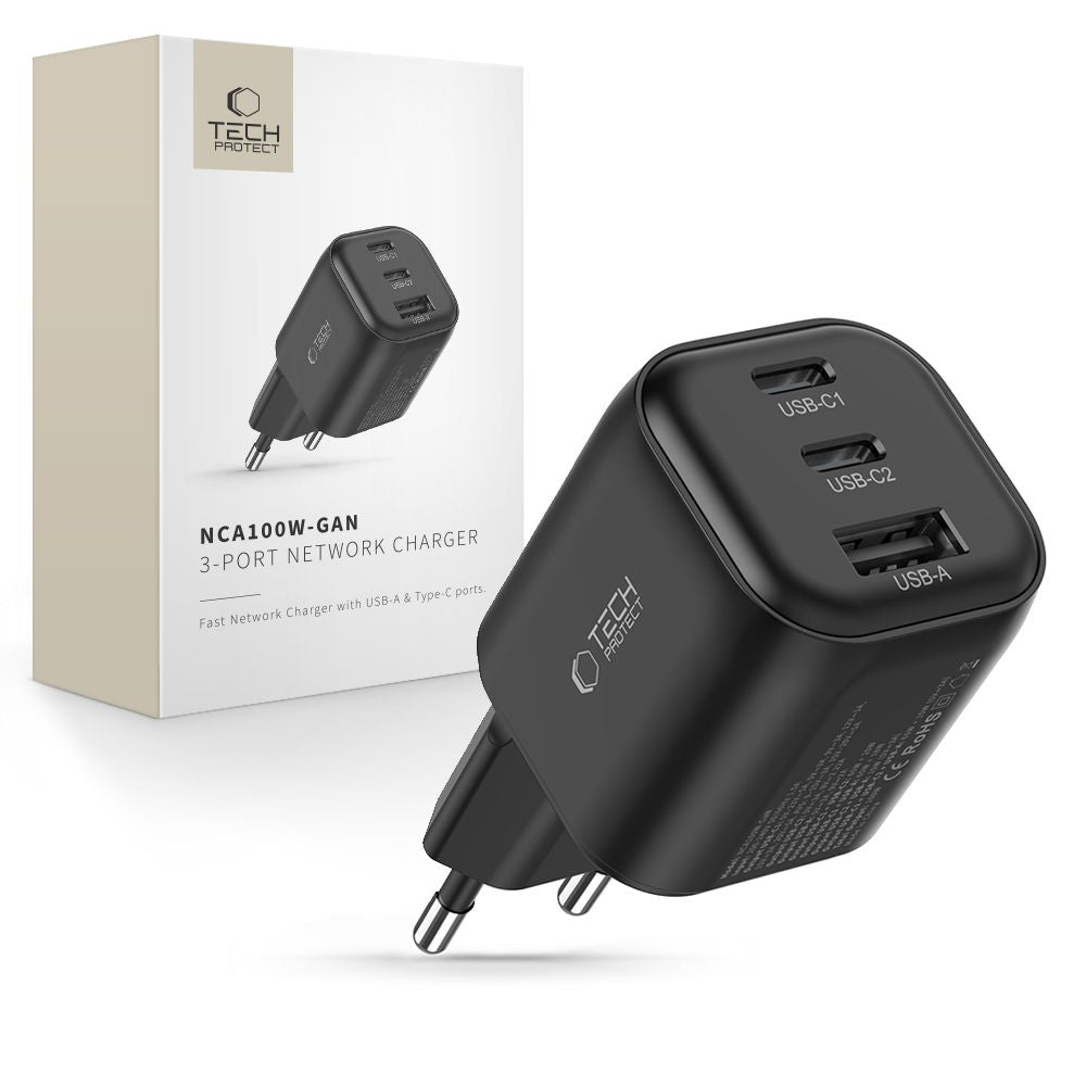 Tech-Protect Οικιακός Φορτιστής PD 3.2 με 1 Θύρα USB και 2 Θύρες Type-C 100W / QC3.0 - NCA100W-GaN - Black