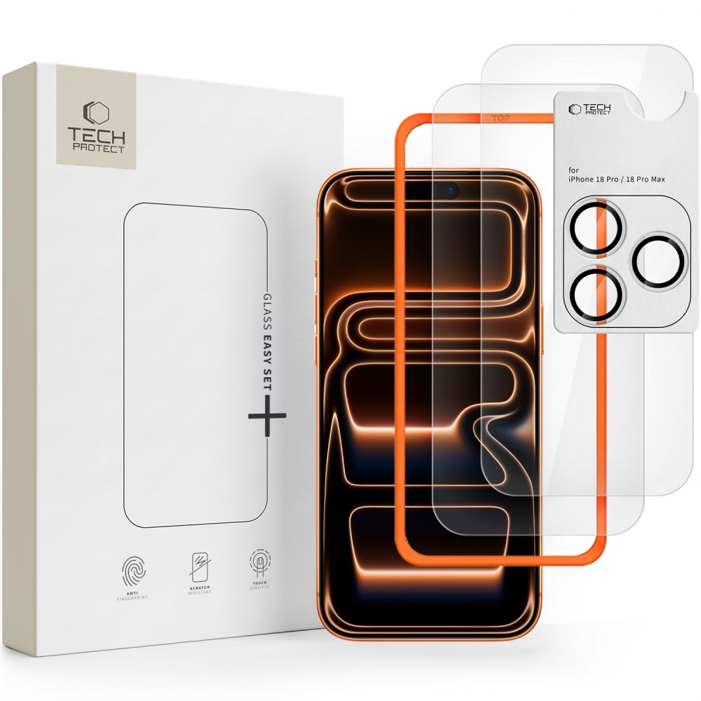 Tech-Protect iPhone 18 Pro Max Easy Set+ - Σετ με 2 Αντιχαρακτικά Γυαλιά Οθόνης με οδηγό και 1 Αντιχαρακτικό Γυαλί για την Κάμερα - Διάφανα