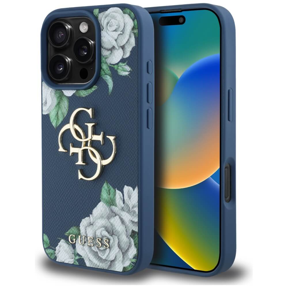 Guess iPhone 16 Pro - Grained Roses Big 4G Logo - Σκληρή Θήκη με Επένδυση από Οικολογικό Δέρμα - Blue - GUHCP16LPGROP4MB