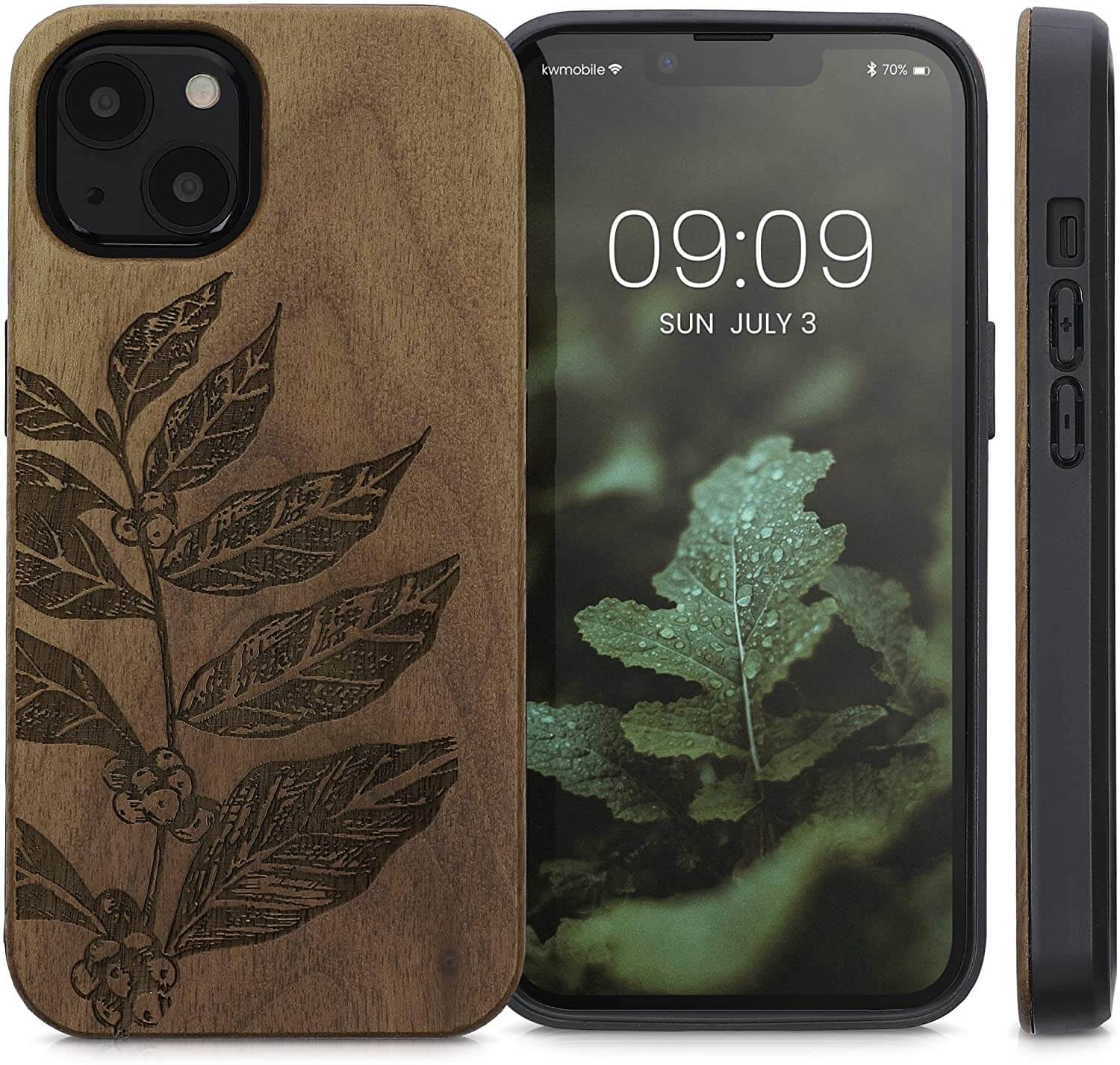 KW iPhone 13 Θήκη από Φυσικό Ξύλο Design Leaf Branch - Dark Brown - 55953.09