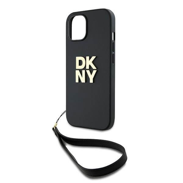 DKNY iPhone 15 Plus - Wrist Strap Stock Logo - Σκληρή Θήκη με Επένδυση Συνθετικού Δέρματος με Λουράκι - Black