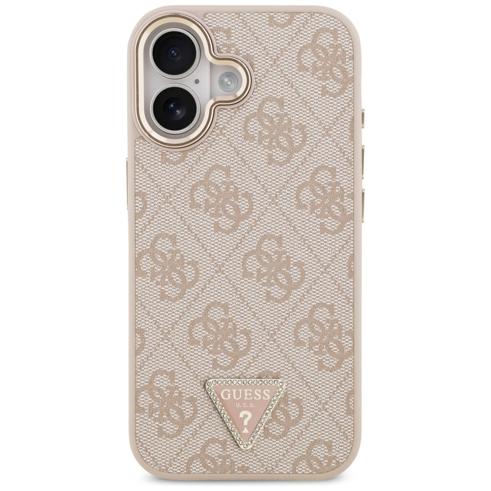 Guess iPhone 17 - 4G Triangle Strass Logo MagSafe - Σκληρή Θήκη με Επένδυση Συνθετικού Δέρματος - Pink / Gold - GUHMP17SP4GTDGMP