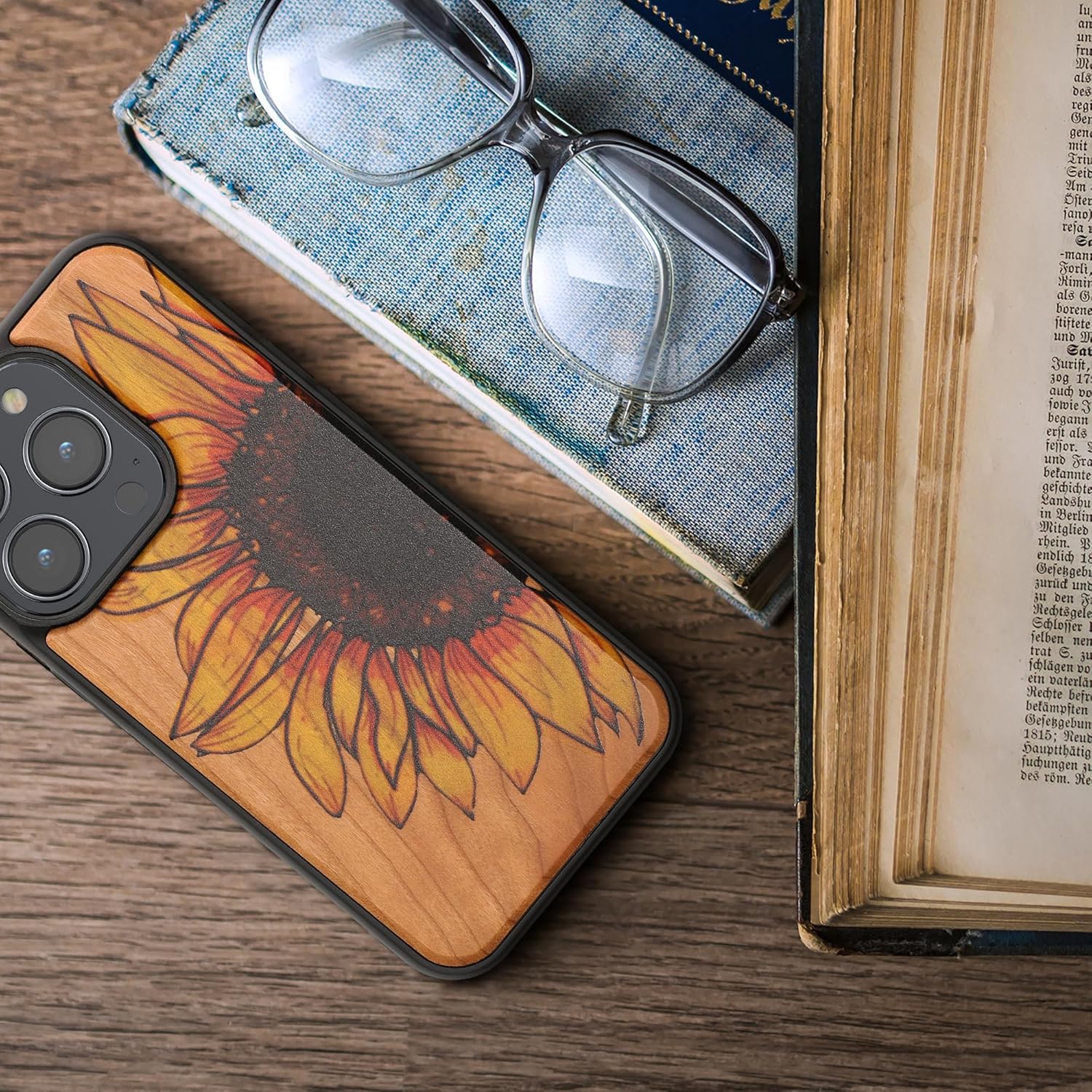 KW iPhone 15 Pro Θήκη από Φυσικό Ξύλο - Design Wood Sunflower - Yellow / Dark Brown / Light Brown