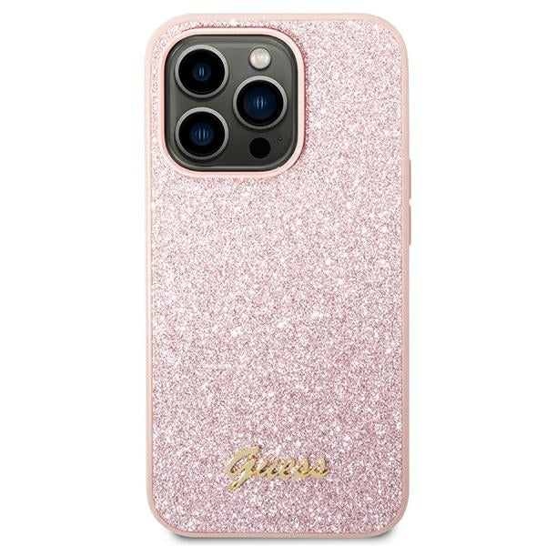 Guess iPhone 14 Pro Max Glitter Script Σκληρή Θήκη με Πλαίσιο Σιλικόνης - Pink - GUHCP14XHGGSHP