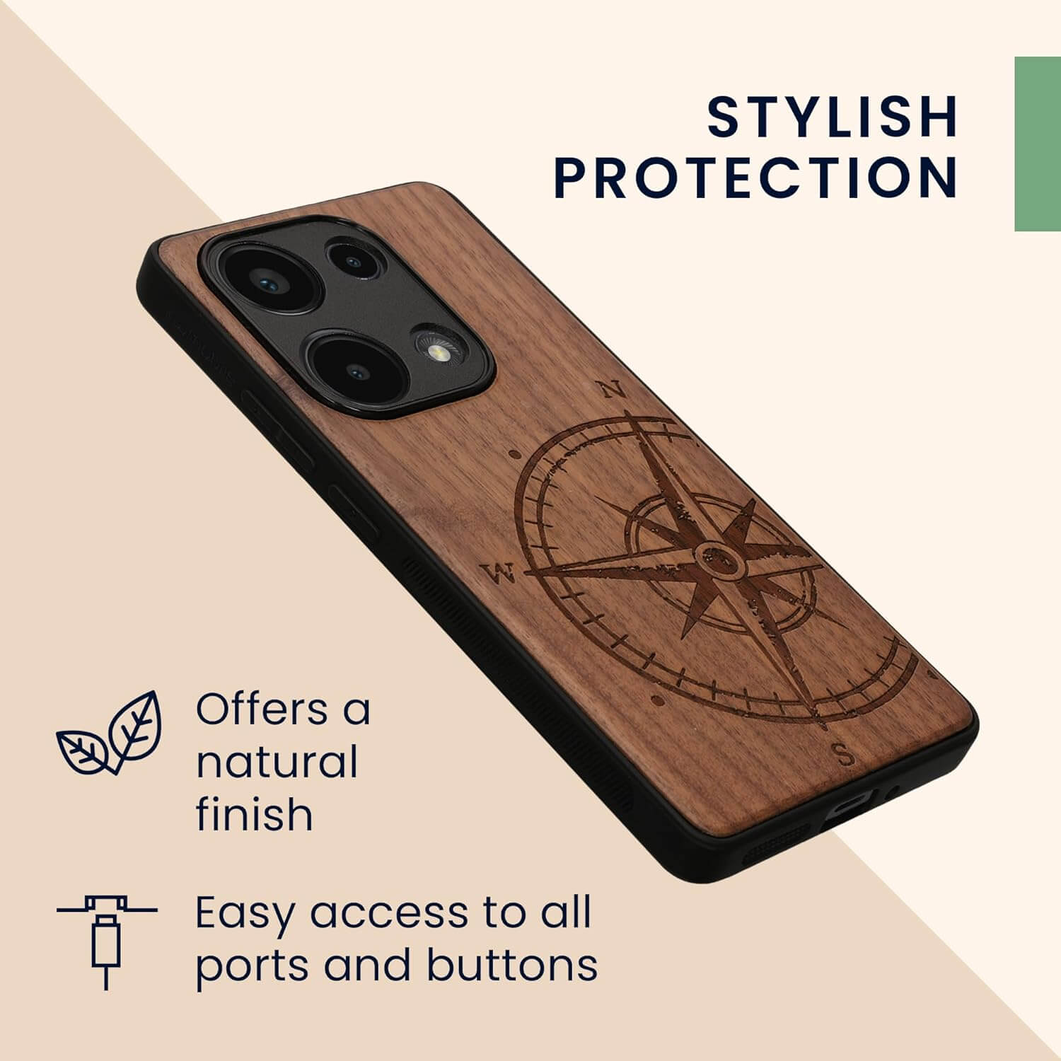 KW Xiaomi Redmi Note 13 Pro 4G Θήκη από Φυσικό Ξύλο - Design Compass Vintage - Dark Brown