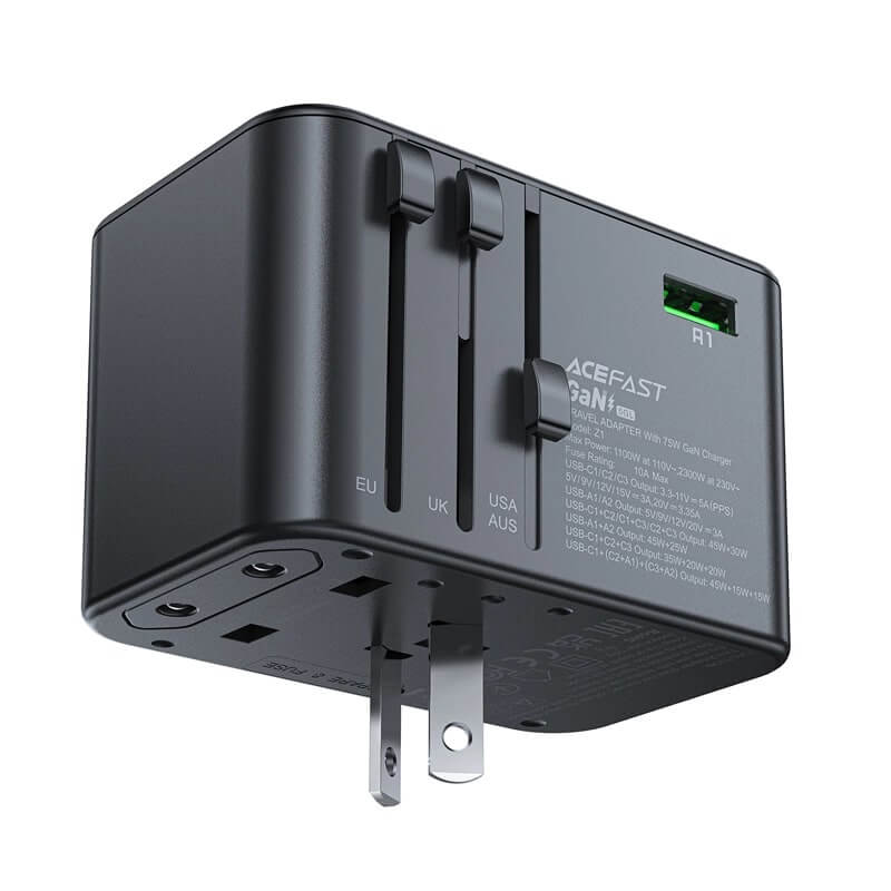 Acefast Z1 GaN 75W PD Φορτιστής Ταξιδίου με Ενσωματωμένα Βύσματα EU / UK / US / AUS με 3 Θύρες Type-C και 2 Θύρες USB - Black
