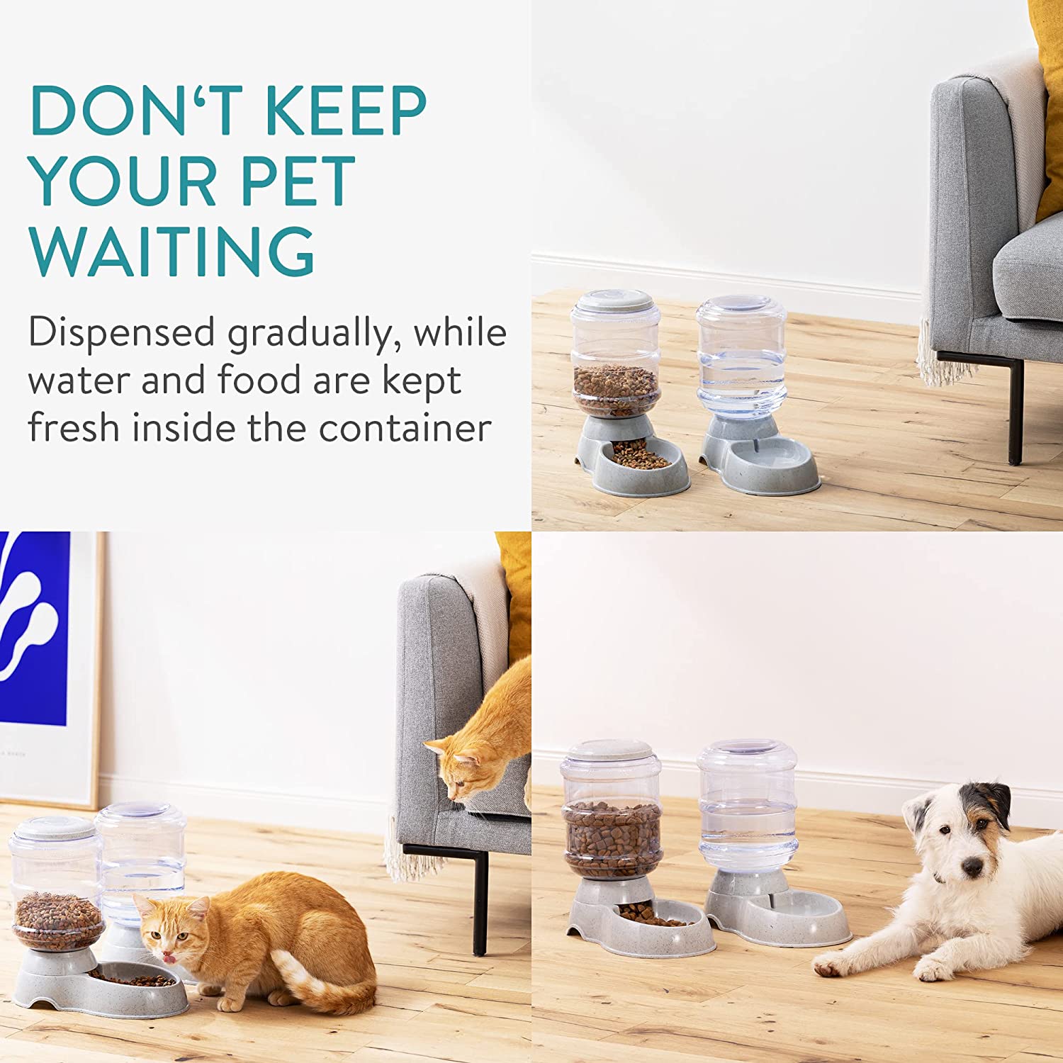 Navaris Automatic Food and Water Dispenser - Σετ με 2 Διανομείς Φαγητού και Νερού για Κατοικίδιο - 3.8L - Dark Grey - 48332.19