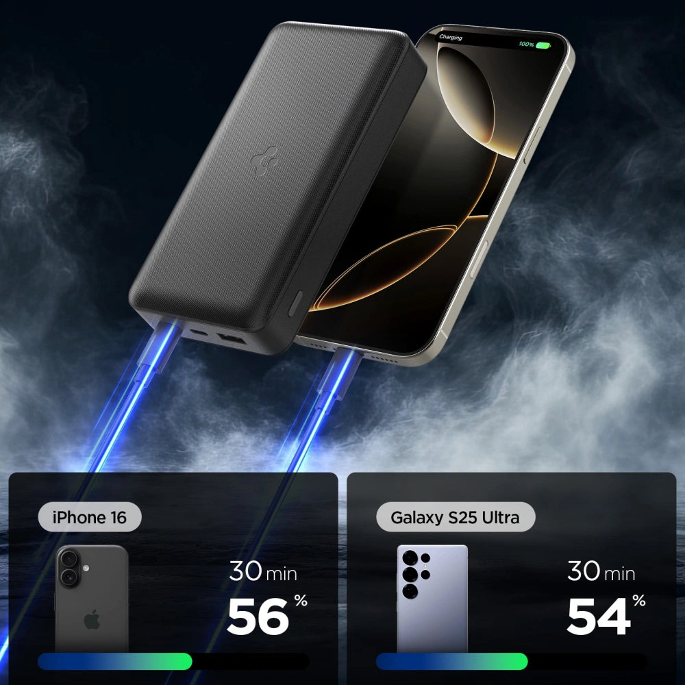 Spigen EA303 PowerBank 30000mAh 30W με 2 Θύρες Type-C και 1 Θύρα USB και Καλώδιο Type-C to Type-C - Black