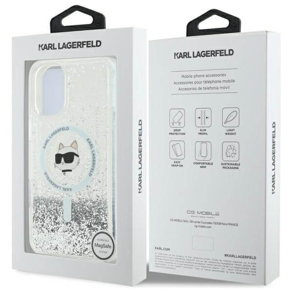 Karl Lagerfeld iPhone 16 - Liquid Glitter Choupette Head MagSafe - Σκληρή Θήκη με Πλαίσιο Σιλικόνης - Διάφανη - KLHMP16SLGCHSGH