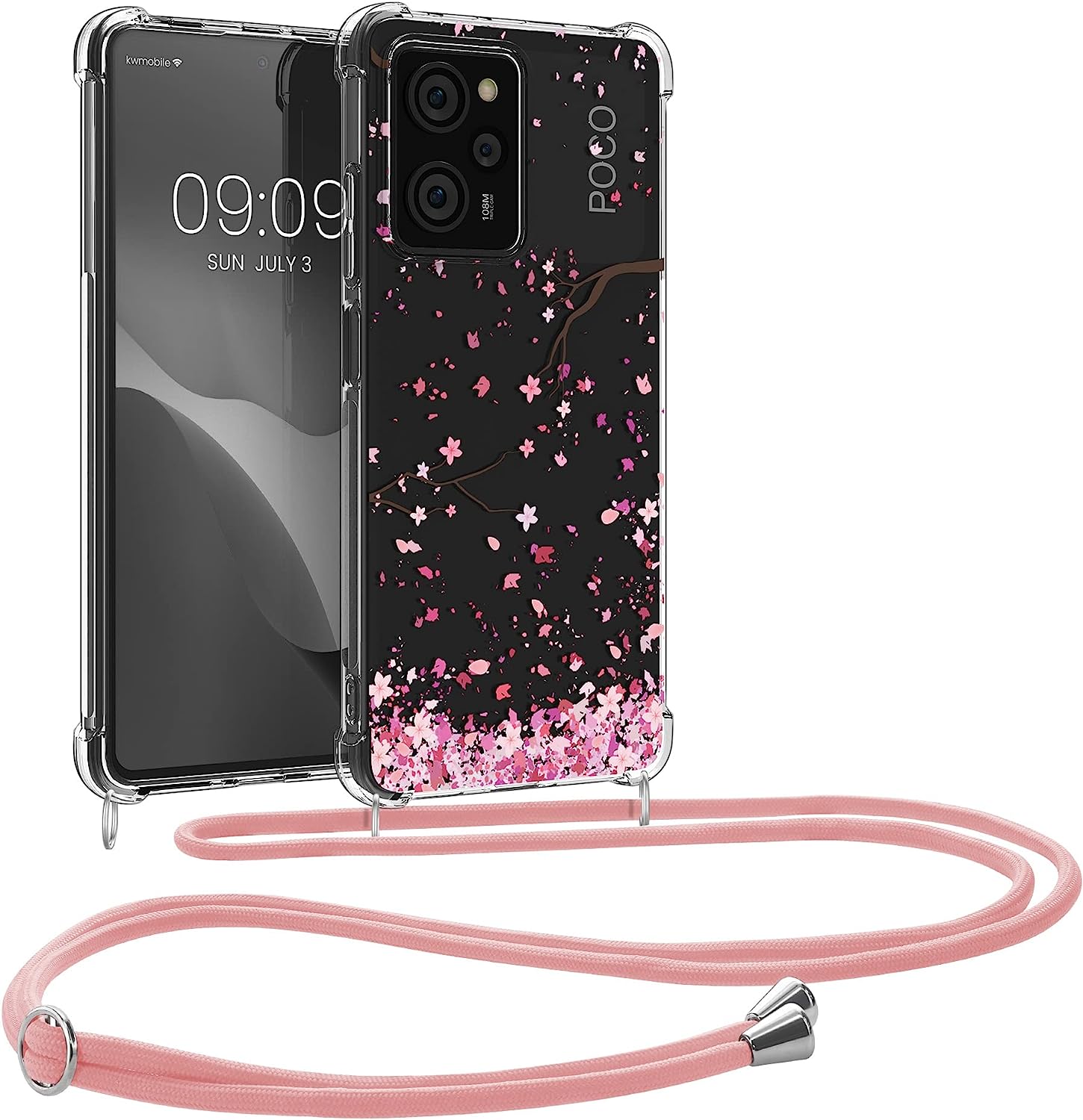 KW Xiaomi Poco X5 Pro 5G Θήκη Σιλικόνης TPU με Λουράκι Design Cherry Petals - Pink / Dark Brown / Διάφανη - 60901.01