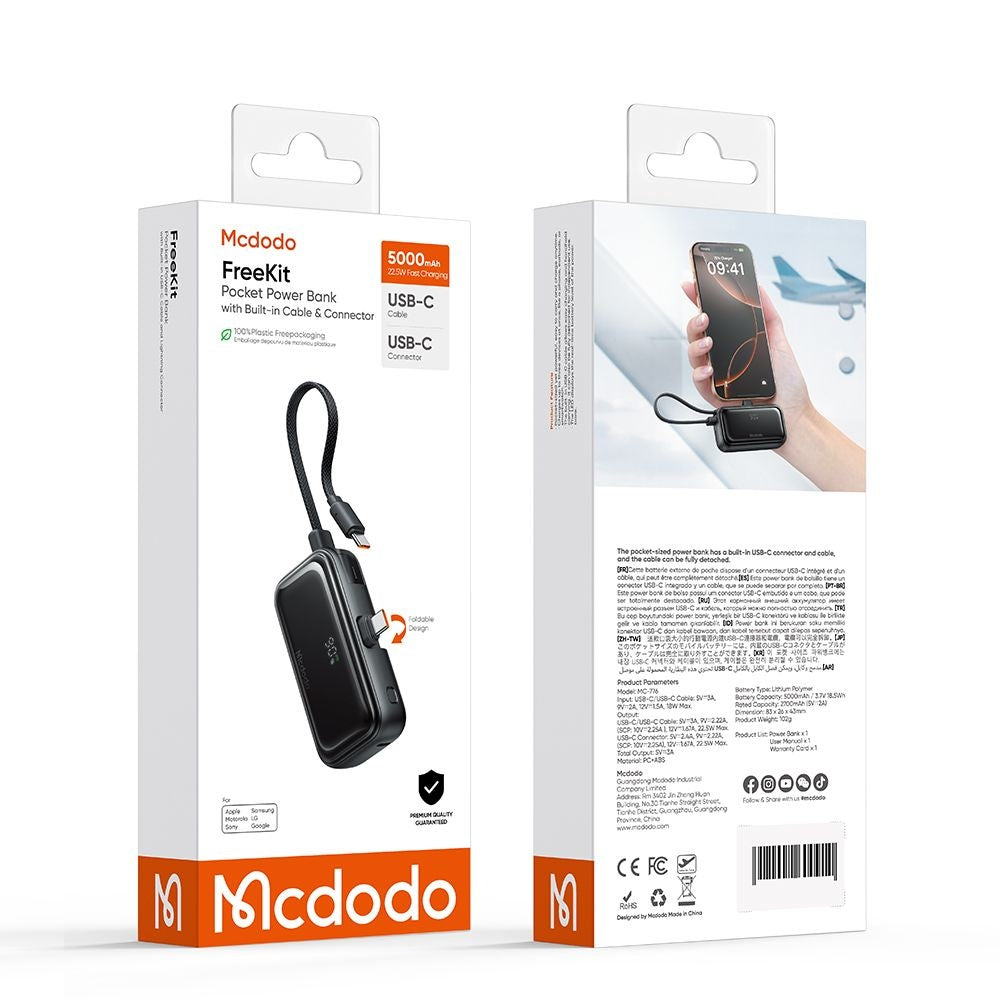 Mcdodo PowerBank 5000mAh 22.5W με Ενσωματωμένο Καλώδιο και Βύσμα Type-C - MC-7760 - Black