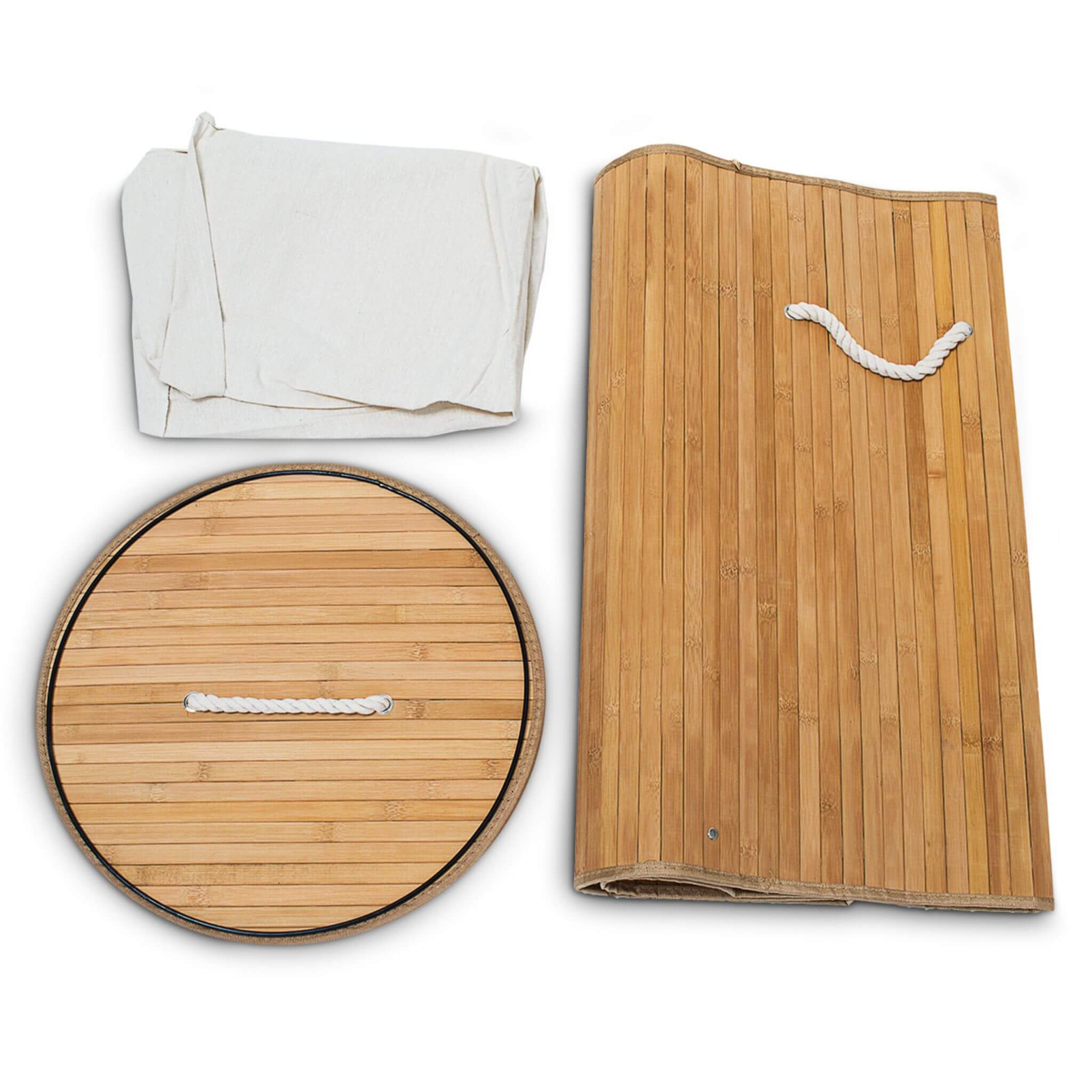 Relaxdays Πτυσσόμενο Στρόγγυλο Καλάθι Απλύτων από Μπαμπού με Καπάκι - Light Brown / White - 4052025046767