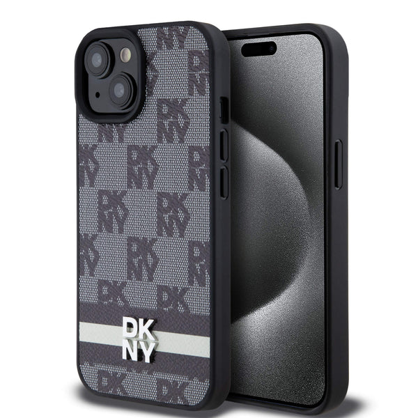 DKNY iPhone 15 / 14 / 13 - Leather Checkered Mono Pattern and Printed Stripes - Σκληρή Θήκη με Επένδυση Συνθετικού Δέρματος - Black