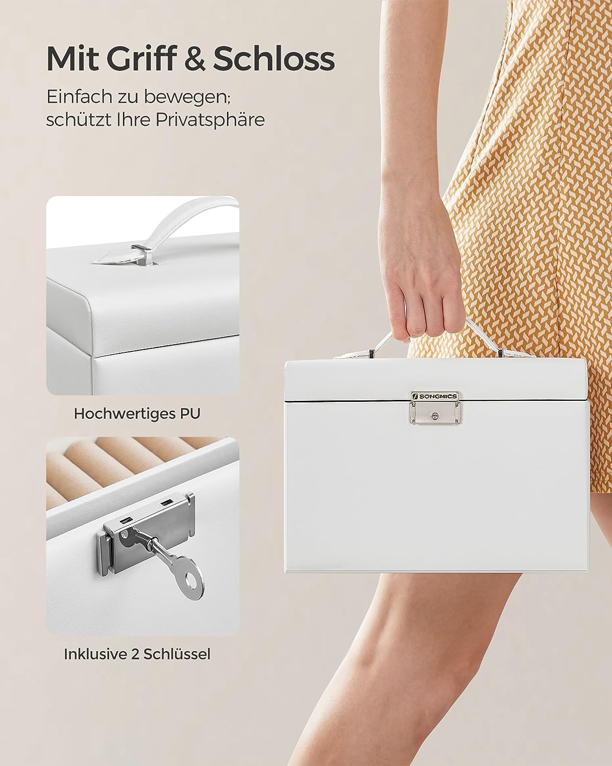 Songmics Φορητό Κουτί Αποθήκευσης Κοσμημάτων 3 Επιπέδων με Καθρέπτη και Κλειδαριά - White - JBC121W