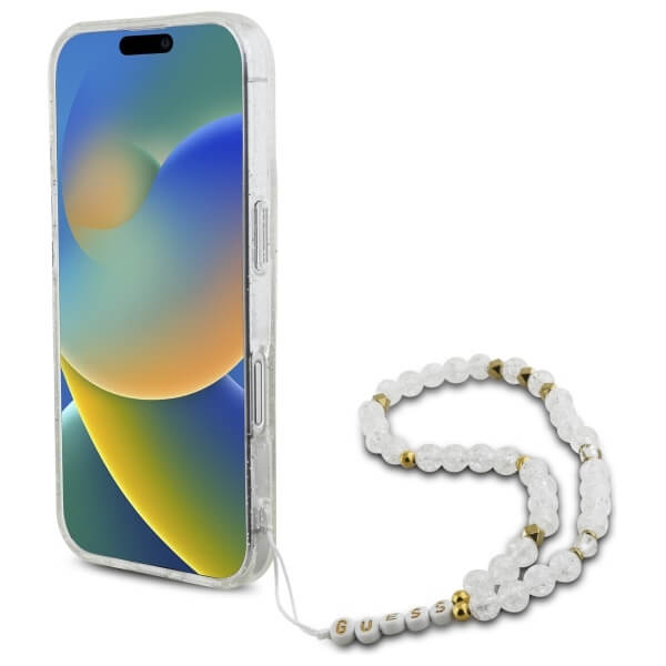 Guess iPhone 16 - IML Glitter With Pearl Strap MagSafe - Σκληρή Θήκη με Πλαίσιο Σιλικόνης και Λουράκι - Διάφανη - GUHMP16SHGCRELST