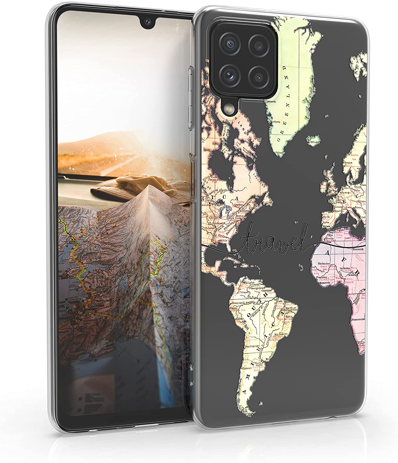 KW Samsung Galaxy A22 4G Θήκη Σιλικόνης TPU Design Travel - Black / Multicolor - Διάφανη - 55498.03