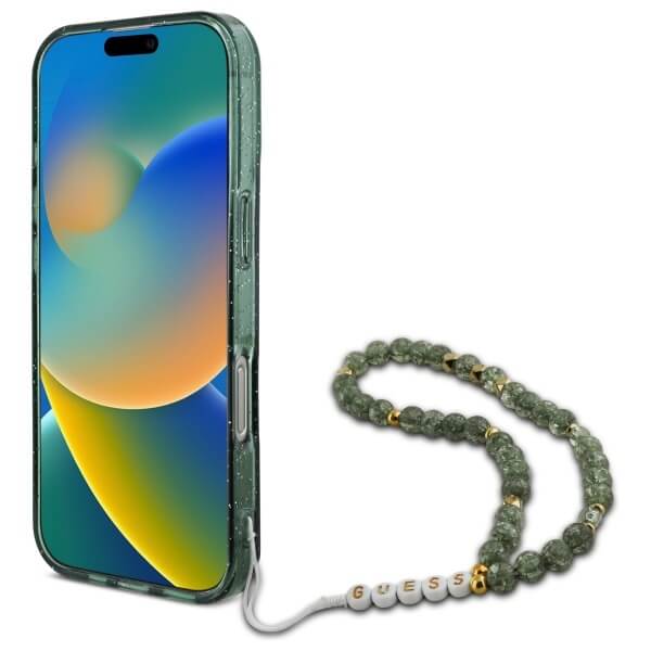 Guess iPhone 16 Pro - IML Glitter Circle With Pearl Strap MagSafe - Σκληρή Θήκη με Πλαίσιο Σιλικόνης και Λουράκι - Green - GUHMP16LHGCRELSA