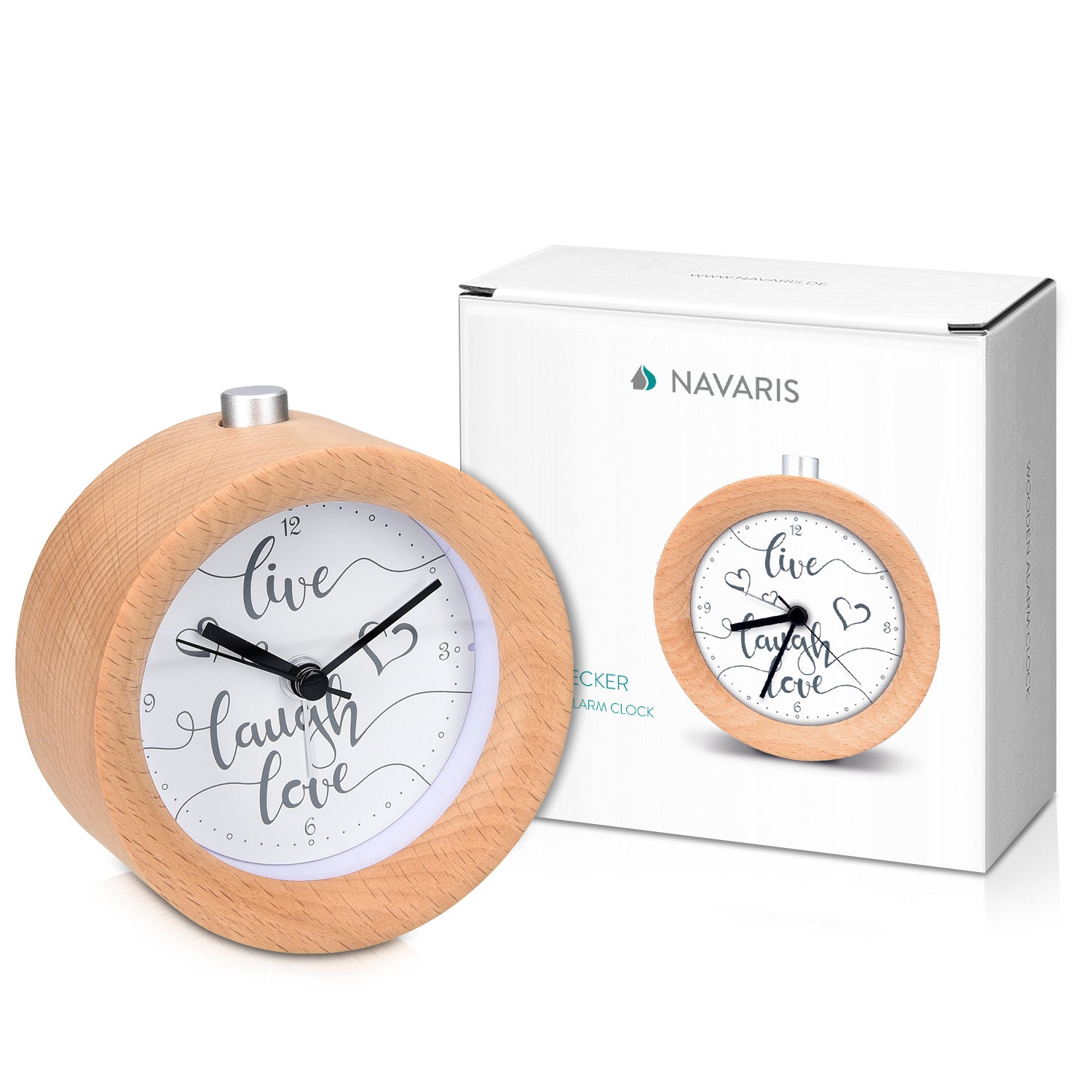 Navaris Analogue Wood Alarm Clock Design Live / Laugh / Love - Αναλογικό Επιτραπέζιο Ρολόι και Ξυπνητήρι - Light Brown - 46269.24.05