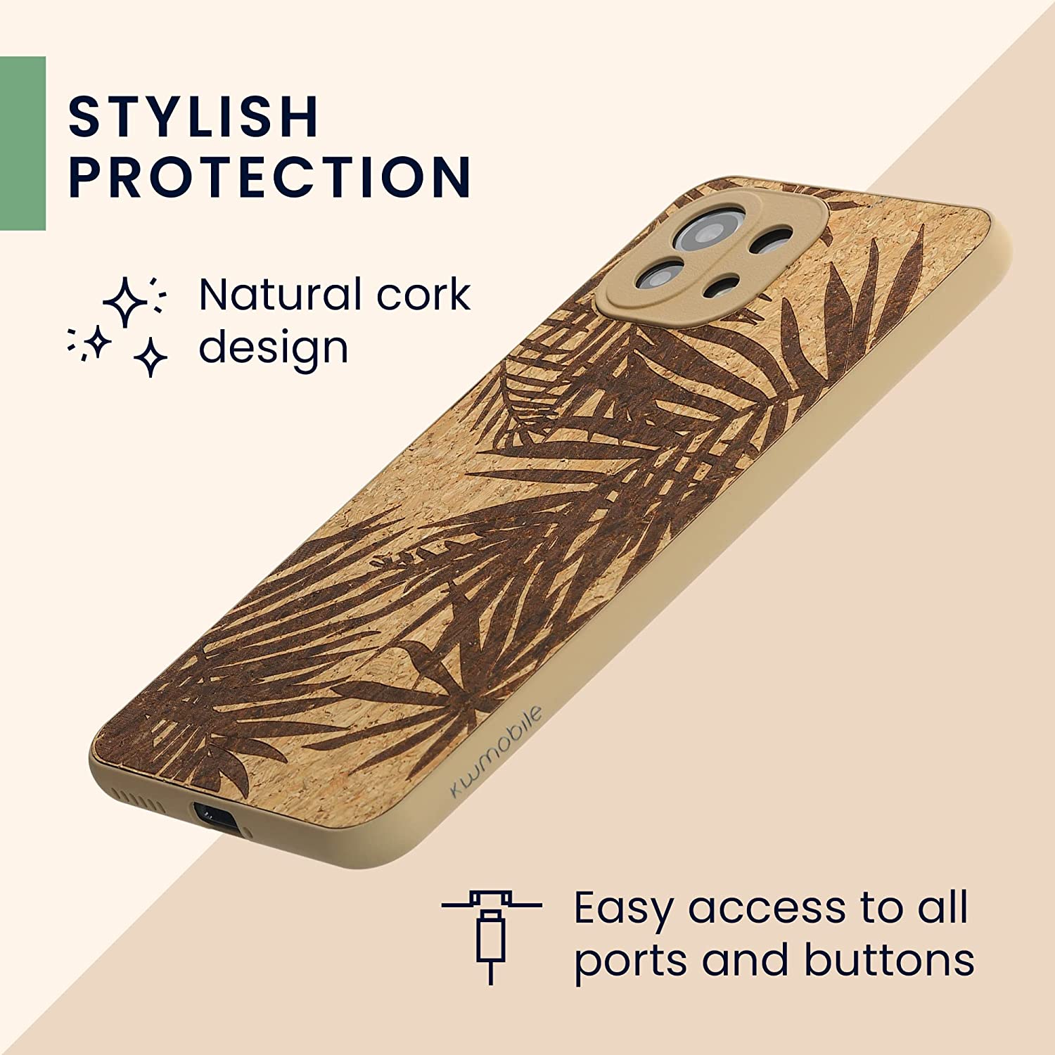 KW Xiaomi Mi 11 Lite / Mi 11 Lite 5G Σκληρή Θήκη από Φελλό με Πλαίσιο Σιλικόνης - Design Palm Leaves - Dark Brown / Light Brown - 57927.01