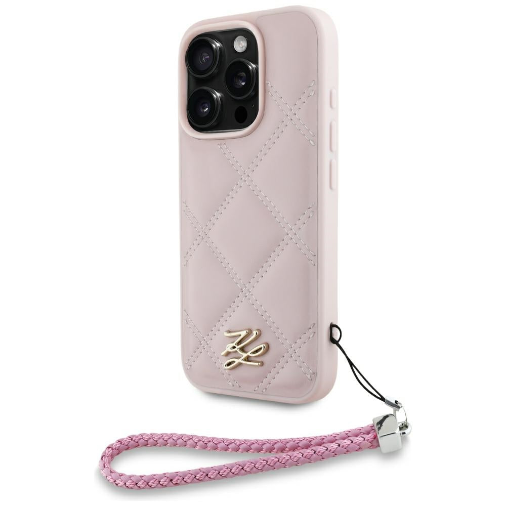Karl Lagerfeld iPhone 16 Pro - Quilted Initial Logo and Chain Strap - Θήκη με Επένδυση Συνθετικού Δέρματος και Λουράκι - Pink - KLHCP16LPSQSKLSMSP