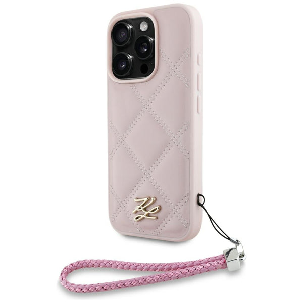 Karl Lagerfeld iPhone 16 Pro - Quilted Initial Logo and Chain Strap - Θήκη με Επένδυση Συνθετικού Δέρματος και Λουράκι - Pink - KLHCP16LPSQSKLSMSP