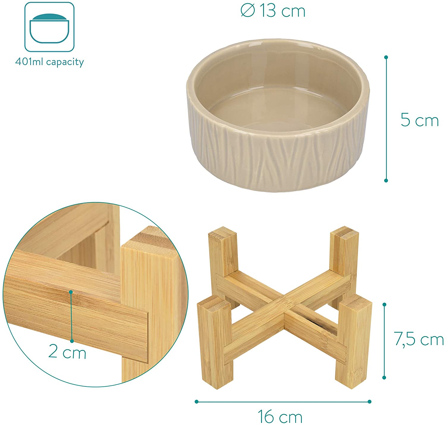 Navaris Cat Bowls with Wood Stands - Σετ με 2 Μπολ Φαγητού και Νερού με Βάση από Μπαμπού για Κατοικίδια - Beige - 52177.43.1
